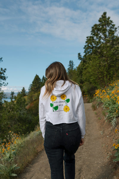 White 'Kelowna Vibes' Cropped Hoodie featuring Arrowleaf Design