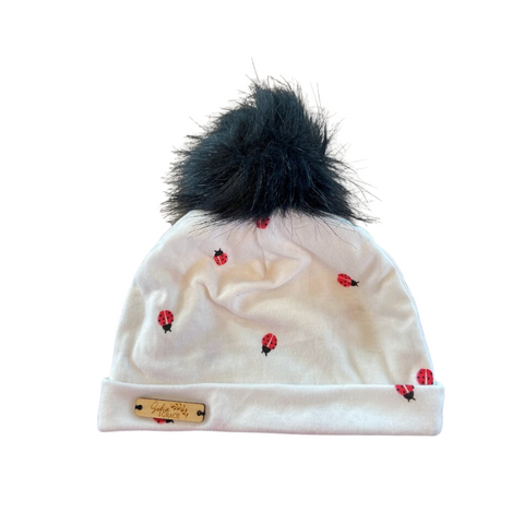 White Lady Bug Baby Cotton Pom-Pom Hat