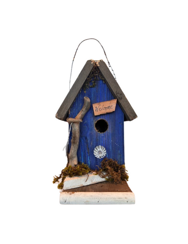 Blue 'Welcome' Wooden Birdhouse