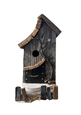 Grey with white flower Wooden Birdhouse