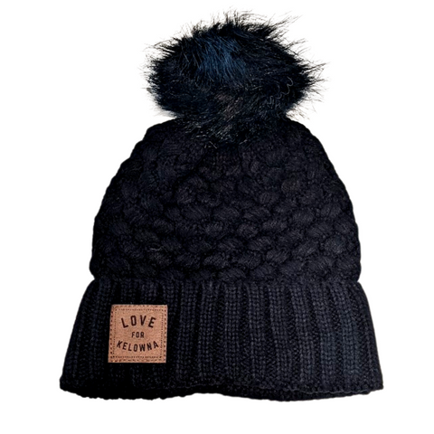 Black 'Love For Kelowna' Suede Patch Bubble Knit Toque with Pompom